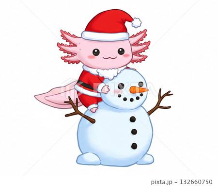 雪だるまにのっている、サンタの格好をしたウーパールーパー 雪だるまにのっている、サンタの格好をしたウーパールーパー 132660750