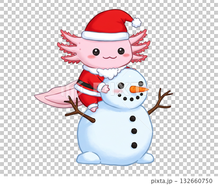 雪だるまにのっている、サンタの格好をしたウーパールーパー 雪だるまにのっている、サンタの格好をしたウーパールーパー 132660750