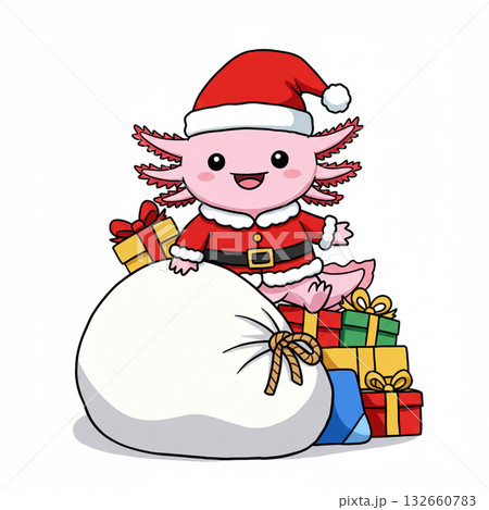 プレゼントにのっている、サンタの格好をしたウーパールーパー プレゼントにのっている、サンタの格好をしたウーパールーパー 132660783