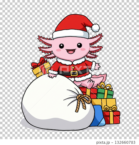 プレゼントにのっている、サンタの格好をしたウーパールーパー プレゼントにのっている、サンタの格好をしたウーパールーパー 132660783