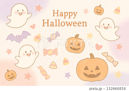 【文字あり_橙②】ゆるかわハロウィン/おばけとパンプキンのポップなイラスト 【文字あり_橙②】ゆるかわハロウィン/おばけとパンプキンのポップなイラスト 132660858