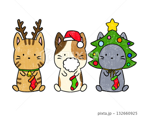 クリスマスを楽しんでいるネコの手描き風イラスト 132660925