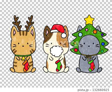 クリスマスを楽しんでいるネコの手描き風イラスト 132660925