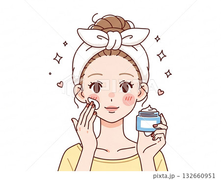 クリームを塗り スキンケアをする女性のイラスト 132660951