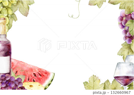 Watercolor picnic frame with red grape clusters, cheese, red wine bottle, glasses of wine and slice of watermelon, vine leaves. Ideal for picnic invitation, summer menu, seasonal packaging. Watercolor picnic frame with red grape clusters, cheese, red wine bottle, glasses of wine and slice of watermelon, vine leaves. Ideal for picnic invitation, summer menu, seasonal packaging. 132660967
