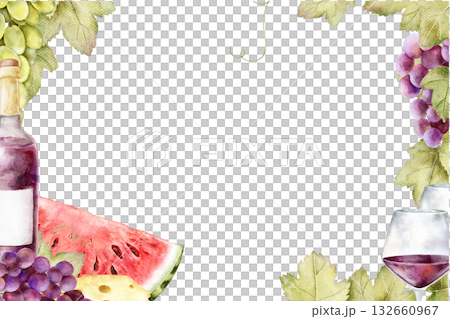 Watercolor picnic frame with red grape clusters, cheese, red wine bottle, glasses of wine and slice of watermelon, vine leaves. Ideal for picnic invitation, summer menu, seasonal packaging. 132660967