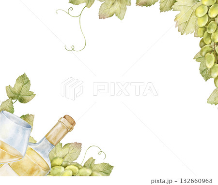 Watercolor illustration of a rectangular frame with green grapes, wine bottle in ice, vine leaves in corners. Ideal for event invitation, menu, kitchen postcard, packaging, party label, vineyard art. 132660968