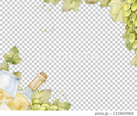 Watercolor illustration of a rectangular frame with green grapes, wine bottle in ice, vine leaves in corners. Ideal for event invitation, menu, kitchen postcard, packaging, party label, vineyard art. 132660968