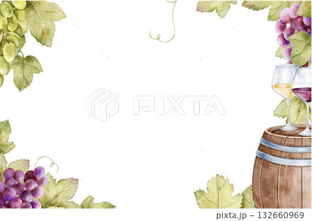Watercolor frame with green and purple grape clusters, wine barrel, wine glass and vine leaves at corners. Ideal for wine event invitation, menu, kitchen card, vineyard label, festival, tasting 132660969