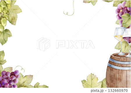 Watercolor grape frame featuring red and white wine bottles with leaves and barrel on white background. Great for menus, cards, branding, or vineyard themed packaging. 132660970