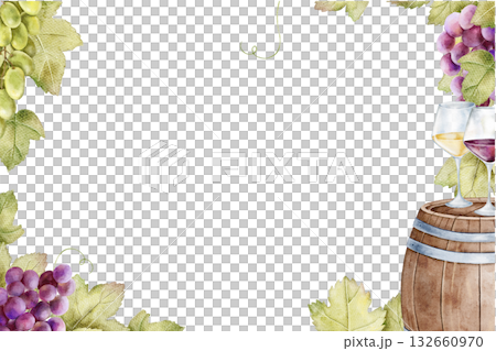 Watercolor grape frame featuring red and white wine bottles with leaves and barrel on white background. Great for menus, cards, branding, or vineyard themed packaging. 132660970