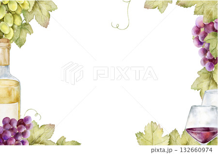 Watercolor grape frame with glass of red wine, wooden barrel, and green vine leaves isolated on white background. Perfect for vineyard branding, wine invitations, menus, or rustic packaging. 132660974