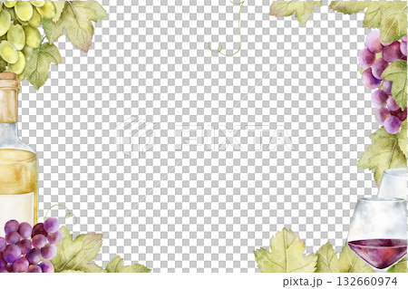 Watercolor grape frame with glass of red wine, wooden barrel, and green vine leaves isolated on white background. Perfect for vineyard branding, wine invitations, menus, or rustic packaging. 132660974