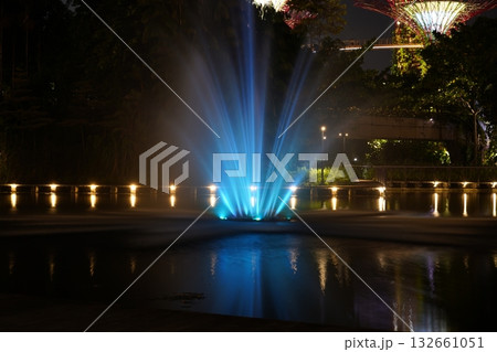 nighttime Supertree Grove Gardens by the Bay blue fountain glowing lights 132661051