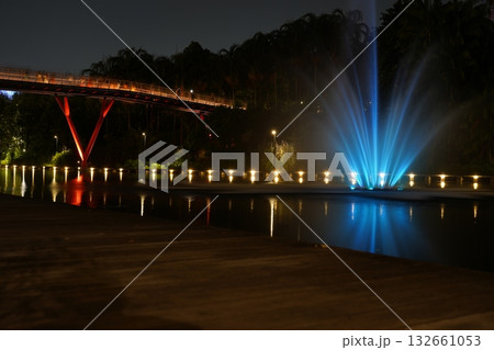 nighttime Supertree Grove Gardens by the Bay blue fountain glowing lights nighttime Supertree Grove Gardens by the Bay blue fountain glowing lights 132661053
