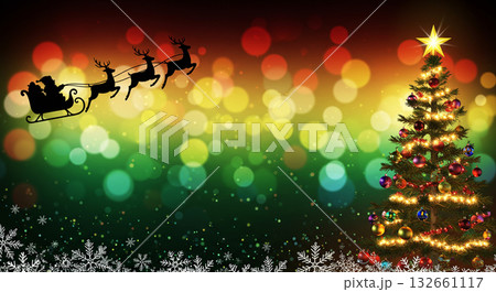 輝く夜空を駆けるサンタクロースとトナカイ 132661117