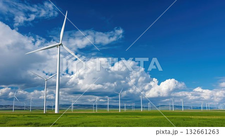 風力発電の風車と草原の風景 132661263