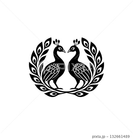 孔雀の線画アイコン、二羽、デザイン、素材、背景なし、資料作り、白黒、グラフィック 132661489