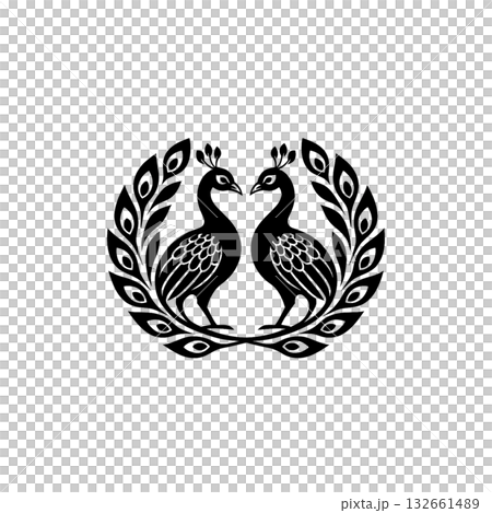 孔雀の線画アイコン、二羽、デザイン、素材、背景なし、資料作り、白黒、グラフィック 132661489