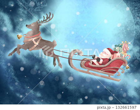 トナカイのソリに乗ったサンタクロース トナカイのソリに乗ったサンタクロース 132661597