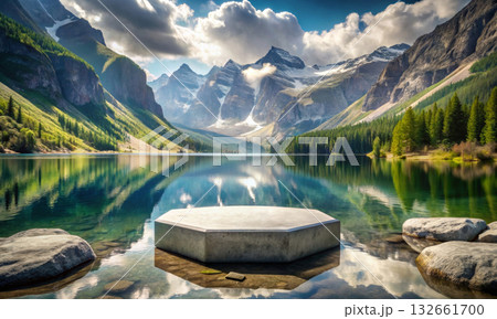The water surface of the lake and the stone podium in the mountains The water surface of the lake and the stone podium in the mountains 132661700