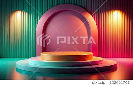 The studio's bright background, with an elegant illuminated podium in the center The studio's bright background, with an elegant illuminated podium in the center 132661701