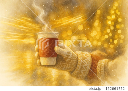 スローシンクロ：冬の街角とホットドリンク｜ゴールド＆ホワイトの光跡＋細雪 132661752