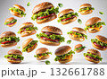 Hamburgers and cheeseburgers floating in midair on a light background 132661788