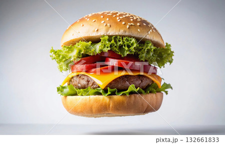 Appetizing cheeseburger hanging in the air on a white background 132661833
