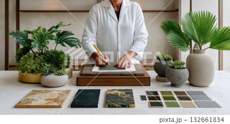 Small business interior designer arranging moodboard and material samples with green plants creating calm natural aesthetic 132661834