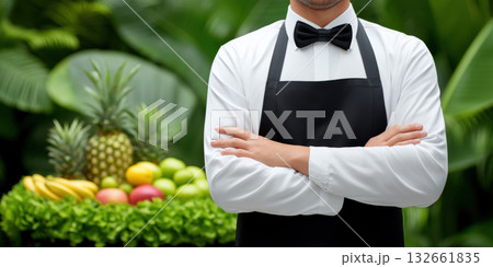 Professional small business waiter in black apron and bow tie stands with folded arms near fresh tropical fruit display conveying confident service 132661835