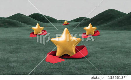 Gold star red ribbon soft green landscape evoking achievement and celebration with repeated stars leading into distance, warm mood and minimal 132661874