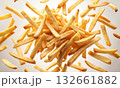 Crispy French fries in midair, scattered against a clean, open background 132661882