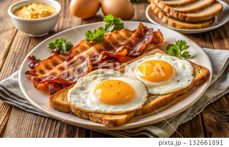 Classic fried eggs with crispy bacon and toast served hot 132661891