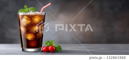 Summer iced drink with ice mint and cherry garnish refreshing glass on table Summer iced drink with ice mint and cherry garnish refreshing glass on table 132661988