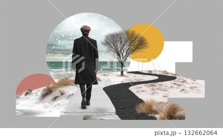 Man walking on boardwalk collage winter beach tree snow ocean moody 132662064