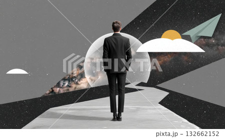 Collage businessman standing on pathway under moon and paper plane in surreal cosmic landscape conveying hopeful exploration and introspection 132662152