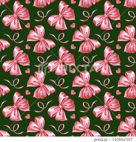 Watercolor seamless pattern with pink bows, ribbons and hearts on a dark green background. A template for fabric, wallpaper, packaging, and tableware. 132662307