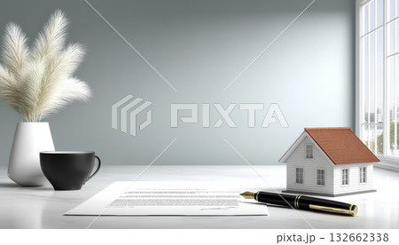 Modern business real estate concept with contract pen house model and coffee cup on desk expressing calm professionalism Modern business real estate concept with contract pen house model and coffee cup on desk expressing calm professionalism 132662338