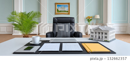 Executive office desk with business documents laptop smartphone coffee plant and architectural model conveying professional leadership and calm Executive office desk with business documents laptop smartphone coffee plant and architectural model conveying professional leadership and calm 132662357