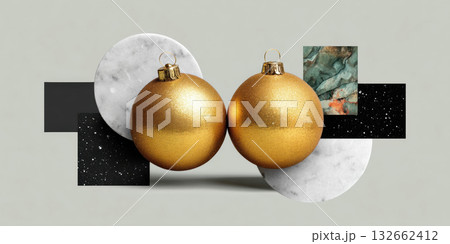 Collage golden ornament marble texture geometric shapes festive composition elegant holiday still life collage 132662412