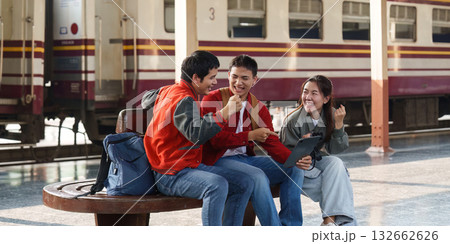 Friendship and Connection. Young adults enjoying time together at a train station. 132662626