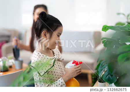 Child Learning Plant Care. Young girl watering indoor plants. Child Learning Plant Care. Young girl watering indoor plants. 132662675
