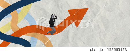 Business Growth and Motivation. A dynamic collage illustrating a woman navigating a path of success, represented by an upward arrow. Business Growth and Motivation. A dynamic collage illustrating a woman navigating a path of success, represented by an upward arrow. 132663158