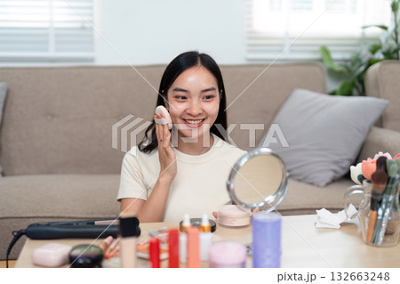 Morning routine makeup application with vibrant woman Morning routine makeup application with vibrant woman 132663248