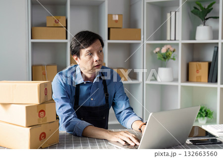 E-commerce professional focused on online tasks at a laptop in a workspace. 132663560