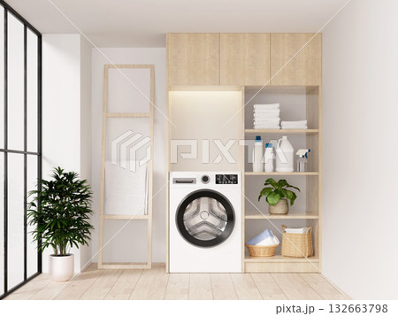 Minimalistic laundry area featuring organized machines and natural elements. 3D render illustration Minimalistic laundry area featuring organized machines and natural elements. 3D render illustration 132663798