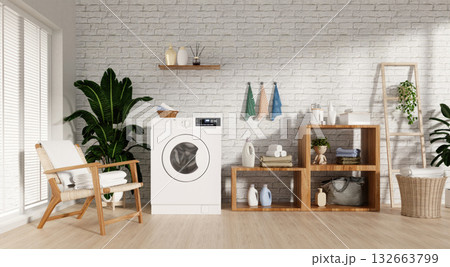 Home laundry appliances in modern interior design showcasing efficiency. 3D render illustration 132663799