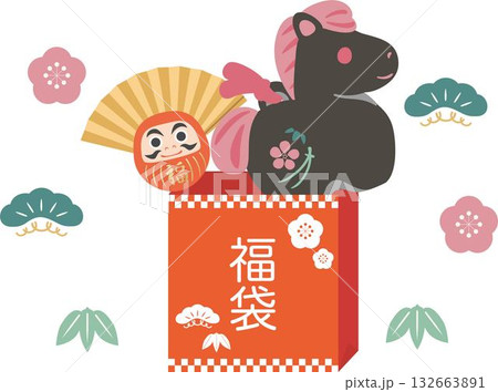 年賀2026　午年　年賀状　新春セール素材　福袋と縁起物（馬の土鈴と達磨）　和風イラスト素材 132663891
