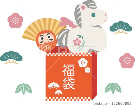 年賀2026　午年　年賀状　新春セール素材　福袋と縁起物（馬の土鈴と達磨）　和風イラスト素材 132663892